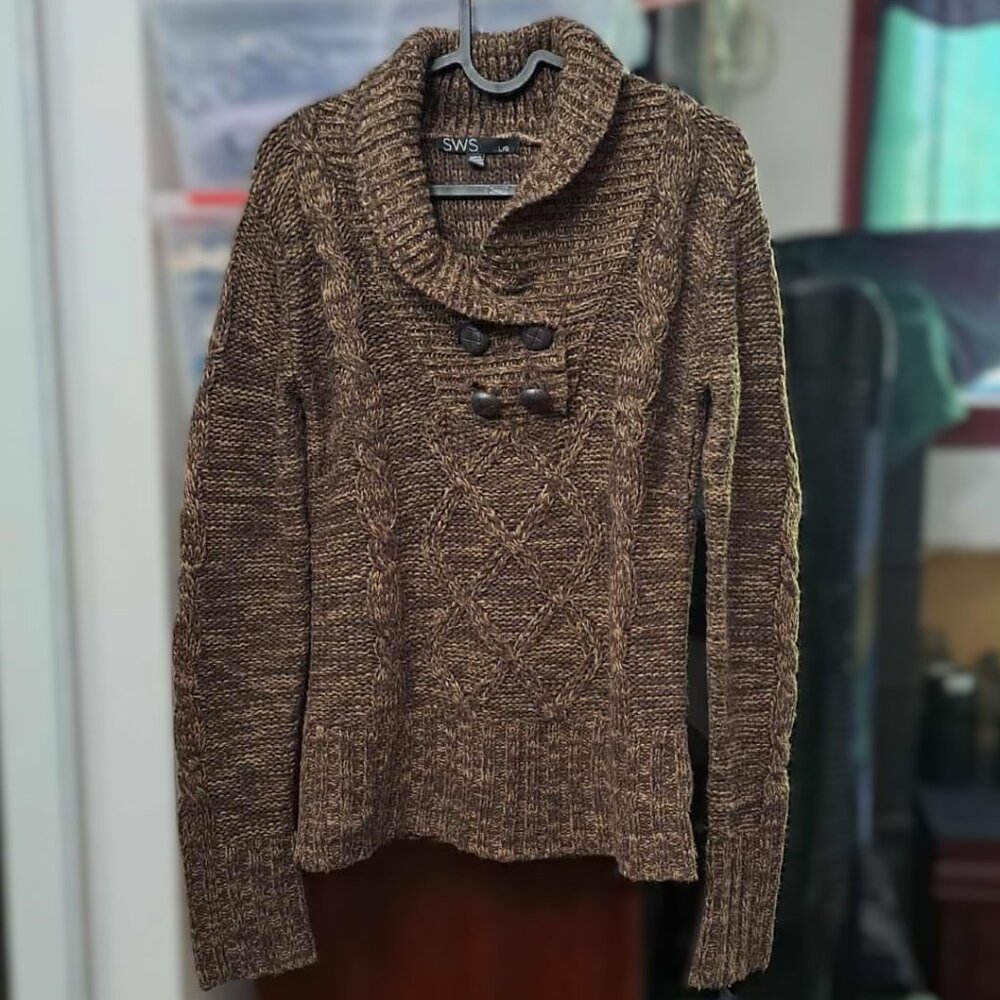 SWS Women's Brown Cable-Knit V-Neck Sweater with Shawl Collar